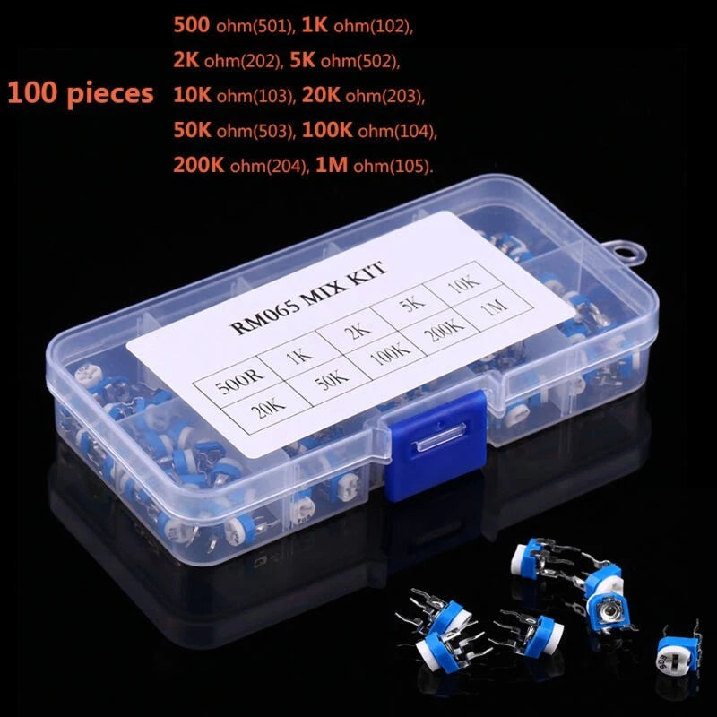 100Pcs Variable Resistor Potentiometer 500 Ohm-1M Ohm Trimpot