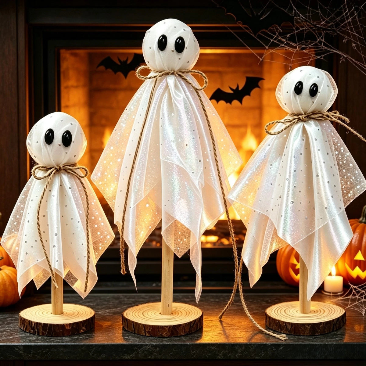 3X Standing Halloween Ghosts with Cartoon Eyes on Rustic Wood Slice Base