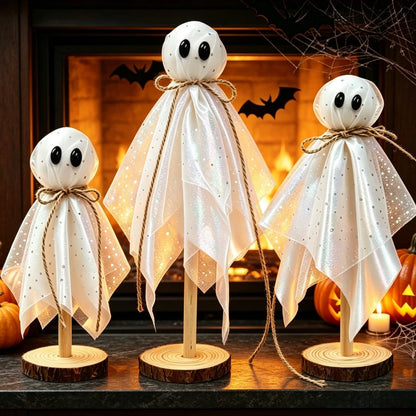 3X Standing Halloween Ghosts with Cartoon Eyes on Rustic Wood Slice Base