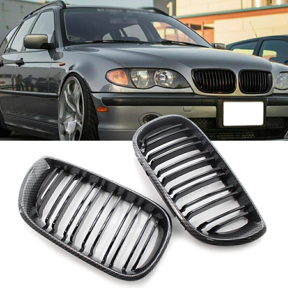2X Carbon Fiber Double Slat Front Kidney Grille for BMW E46 Sedan (2002–2005)