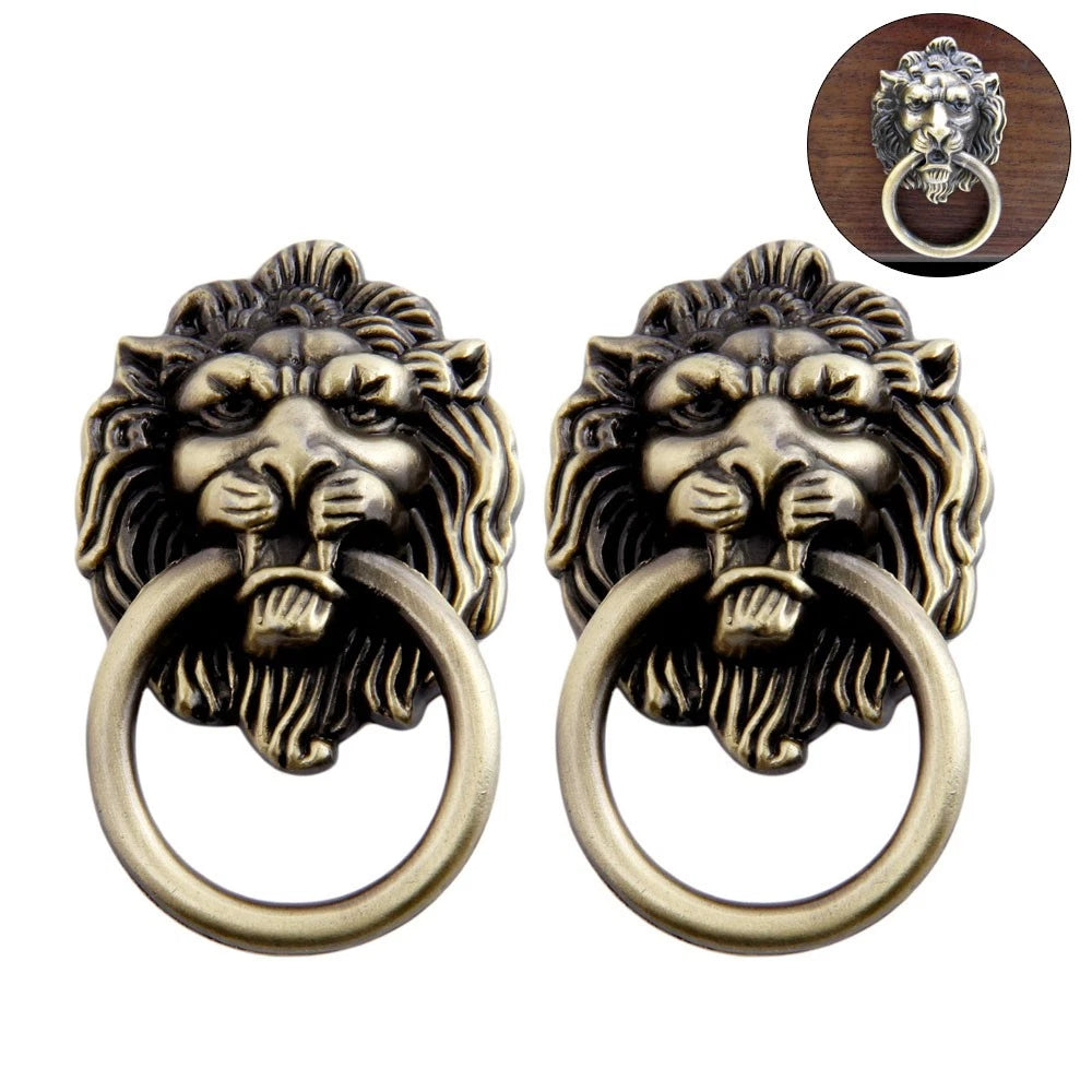 2Pcs Antique Bronze Door Pull Knob Drawer Cabinet Lion Head Handle Ring Hardware