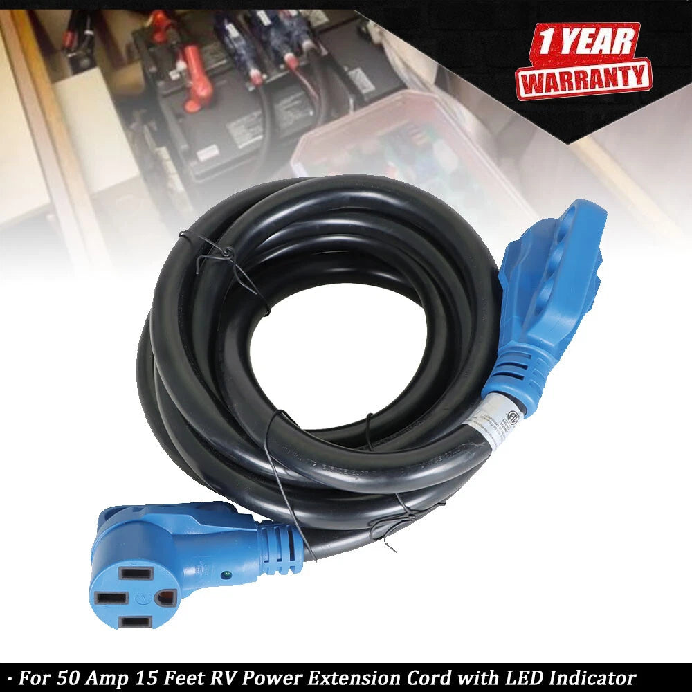 15 Feet 50 Amp RV Power Extension Cord with LED Indicator 14-50P/14-50R