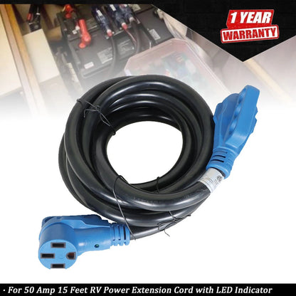 15 Feet 50 Amp RV Power Extension Cord with LED Indicator 14-50P/14-50R
