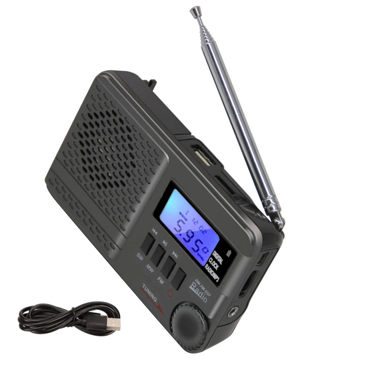 Digital AM FM SW Radio with USB MicroSD MP3 Playback for Portable Use