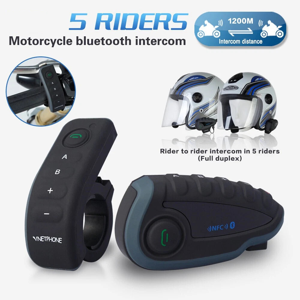 1200M Bluetooth Intercom Motorcycle Helmet Interphone Headset NFC Remote Control
