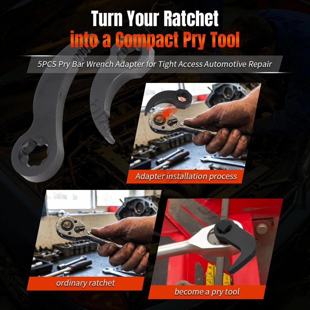5PC Ratchet Pry Bar Attachment Set for Multi Angle Adapter (1/4", 3/8", 1/2" Drive)