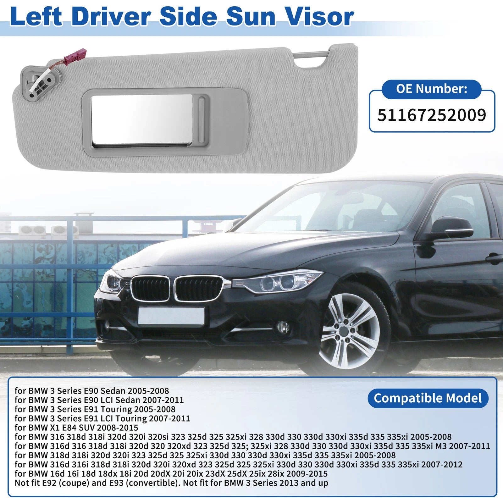 Left Side Sun Visor Replacement for BMW 3 Series E90 E91 Sedan Touring (2005–2008)