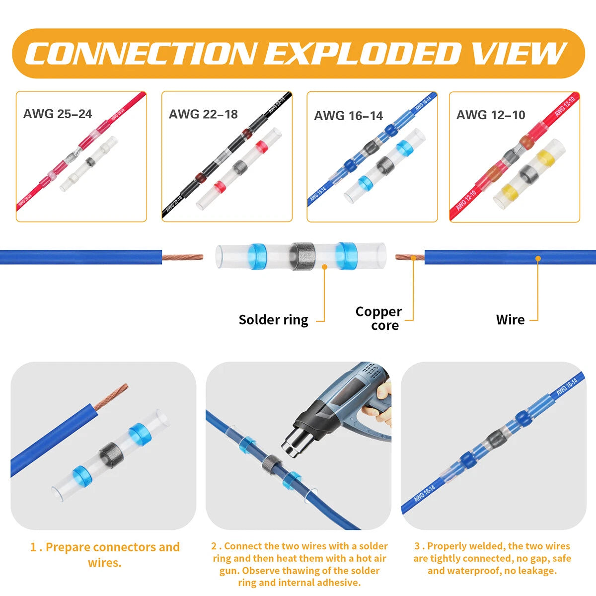 270Pcs Waterproof Heat Shrink Butt Wire Connectors Terminals