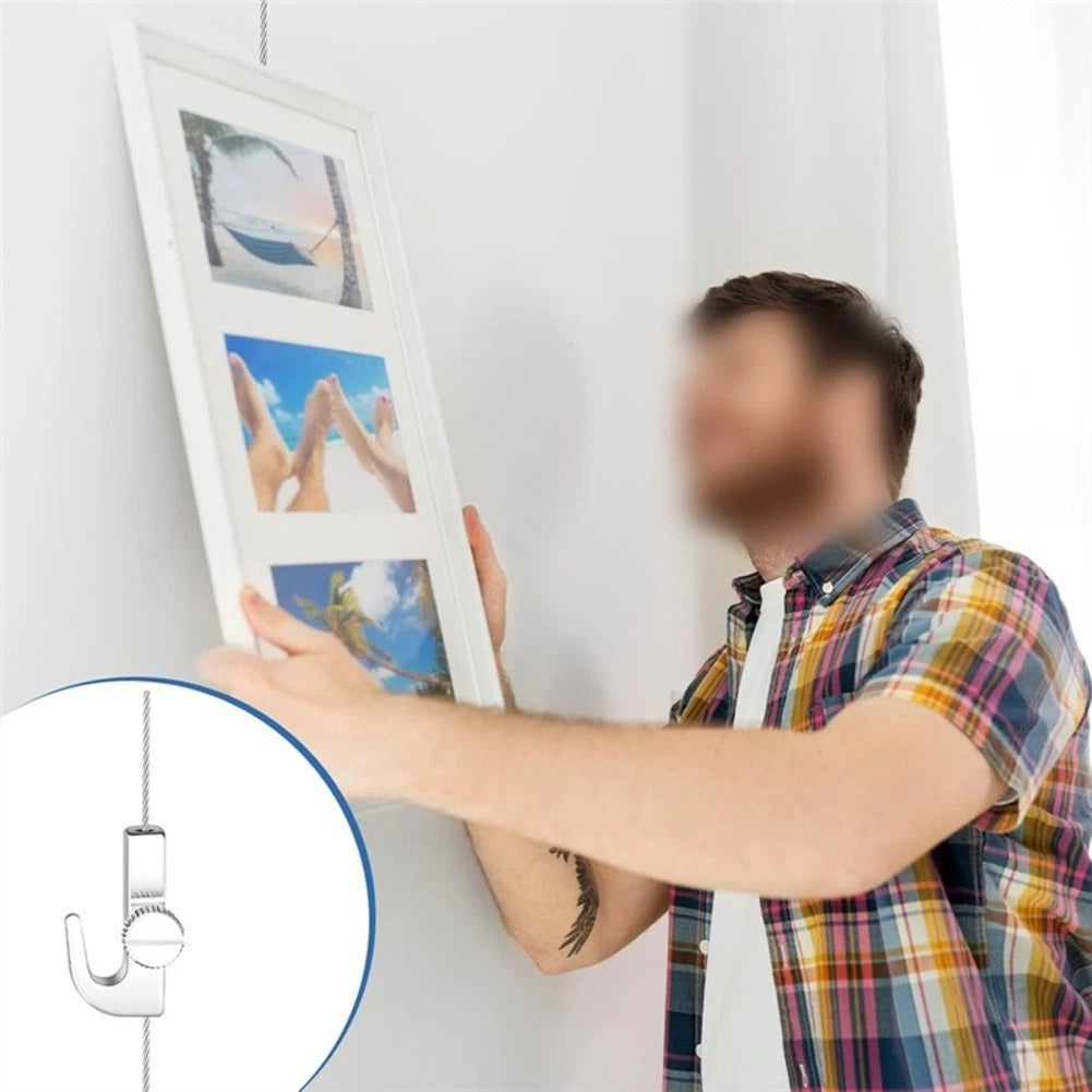 10 Silver Picture Hooks for Gallery Rails Wall Mounted (Adjustable Height)