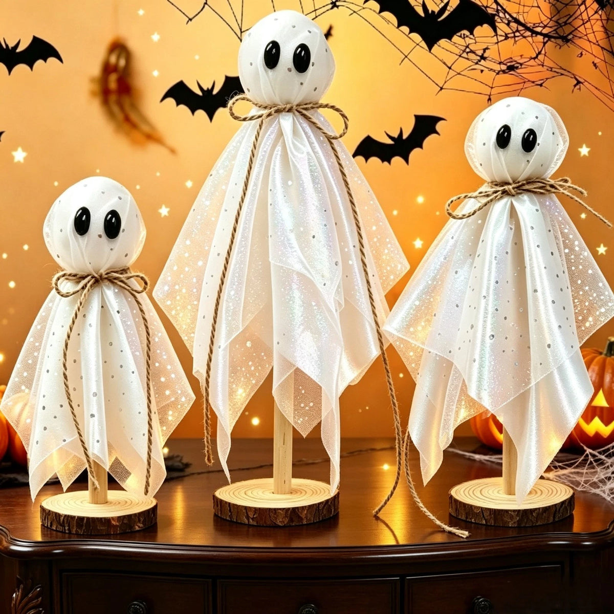 3X Standing Halloween Ghosts with Cartoon Eyes on Rustic Wood Slice Base