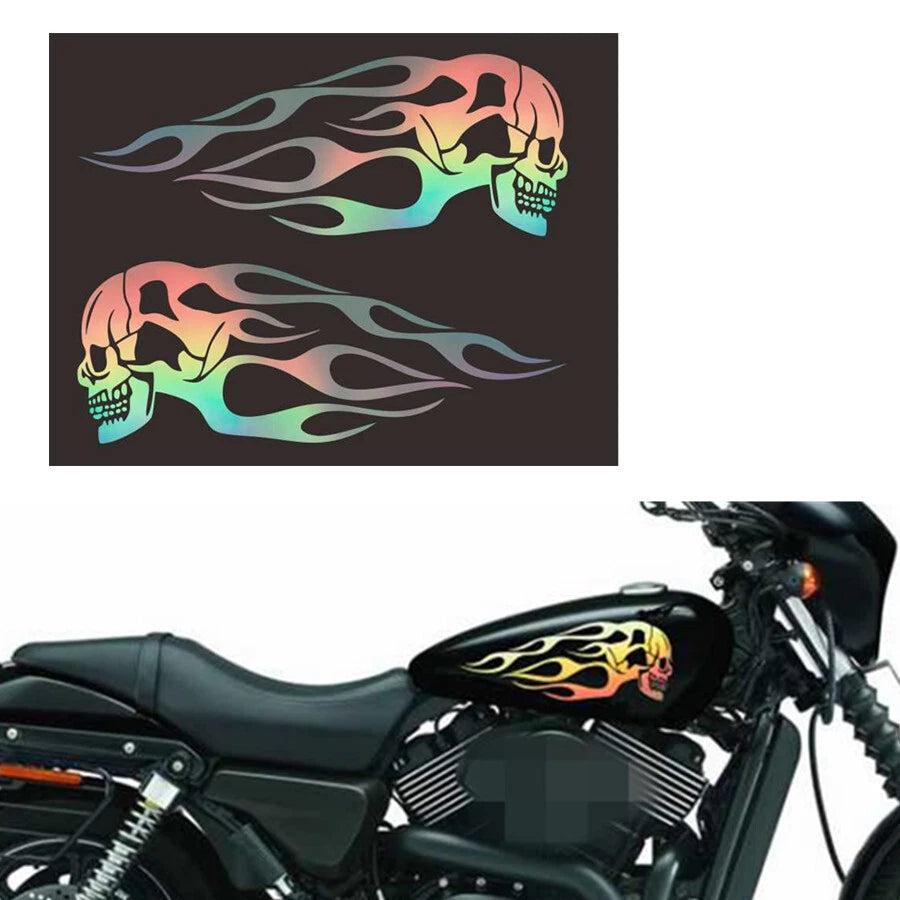 2Pcs Holographic Skull Flame Gas Tank Decal for Universal Motorcycle