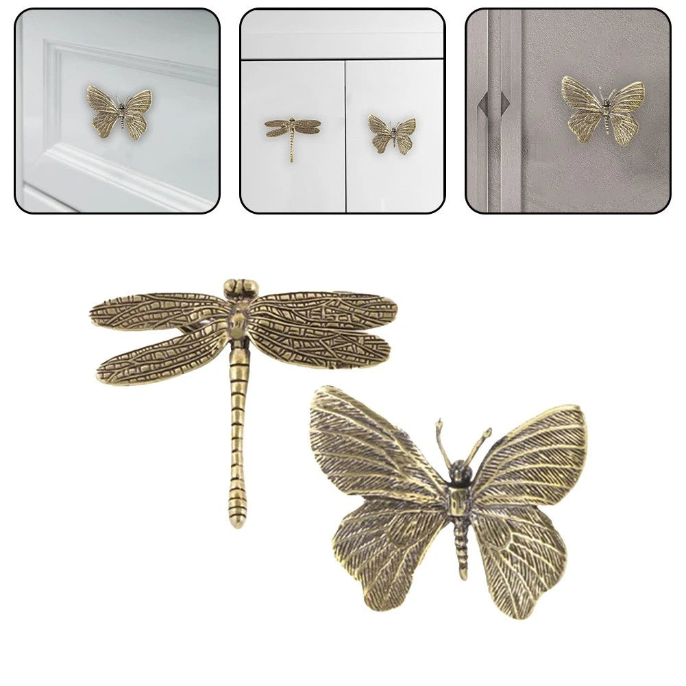 Set of 4 Elegant Brass Drawer Pulls with Dragonfly and Butterfly Motifs