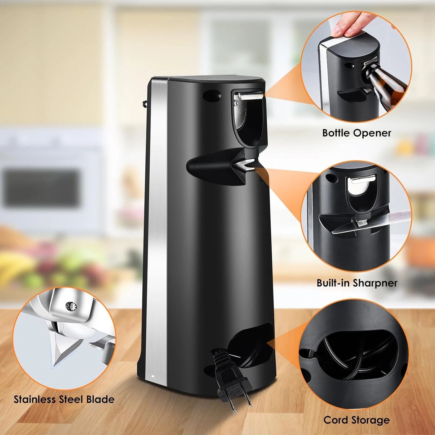 Electric can opener with knife sharpener & bottle opener for Davivy (Black)