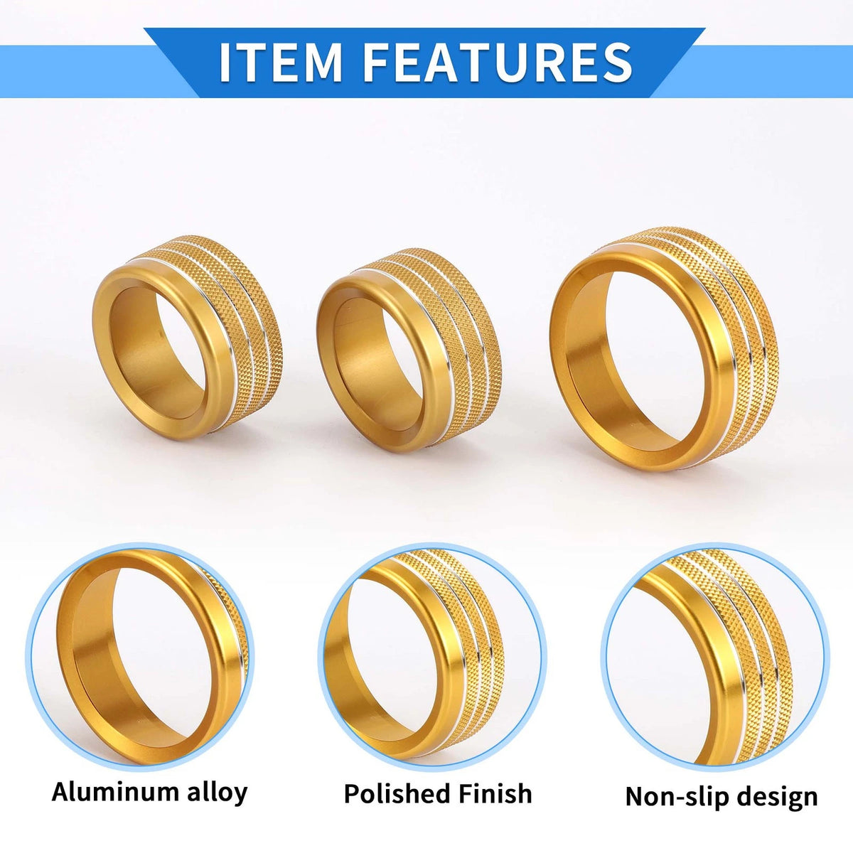3X AC Media Tune Switch Knob Cover Ring for Dodge Challenger (2015–2019) Gold Tone