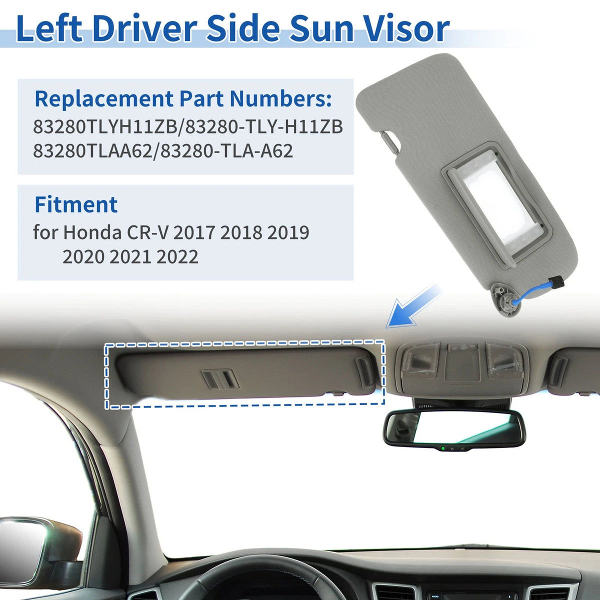 Left Side Sun Visor for Honda CR-V (2017–2022) Gray Replace No. 83280-TLA-A