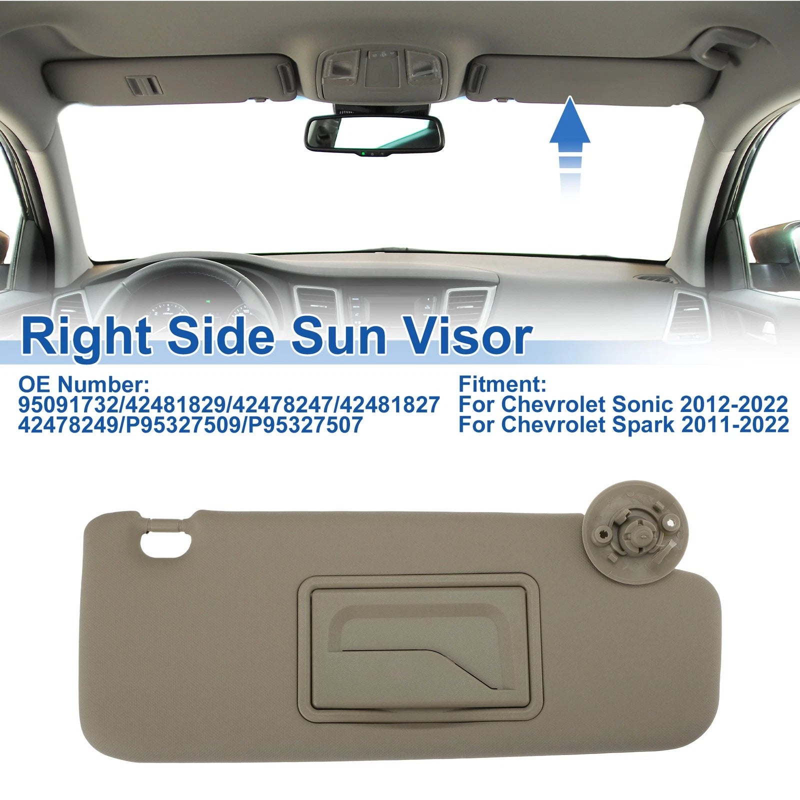 Right Side Sun Visor for Chevrolet Sonic (2012–2022) Replace No. 95091732 Beige