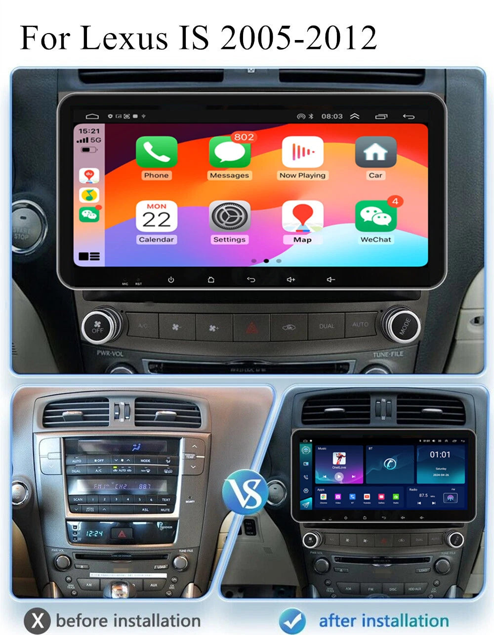 10.33'' Stereo Radio Navigation with Carplay for Lexus IS (2005–2012)