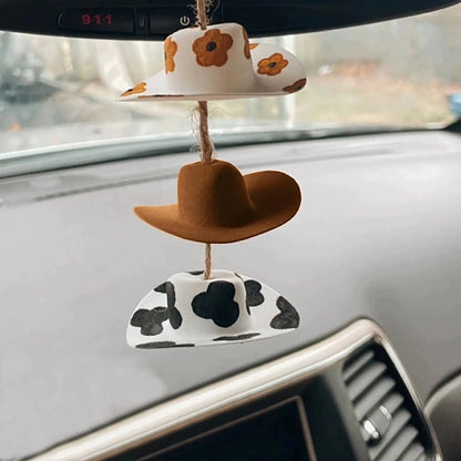 1 set Cowboy Hat Car Charm Rear View Mirror Decorations Accessories Pendant