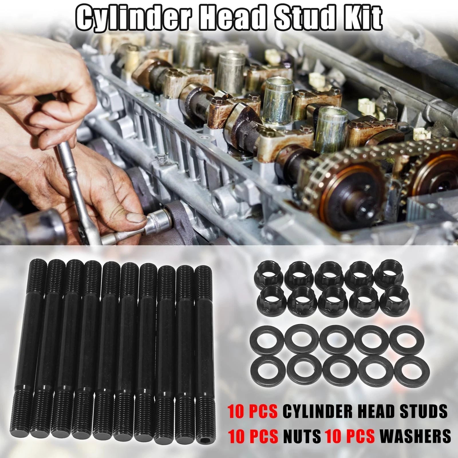 Cylinder Head Stud Kit Black Metal for Mitsubishi EVO8 EVO9 Eclipse (1994–2019)