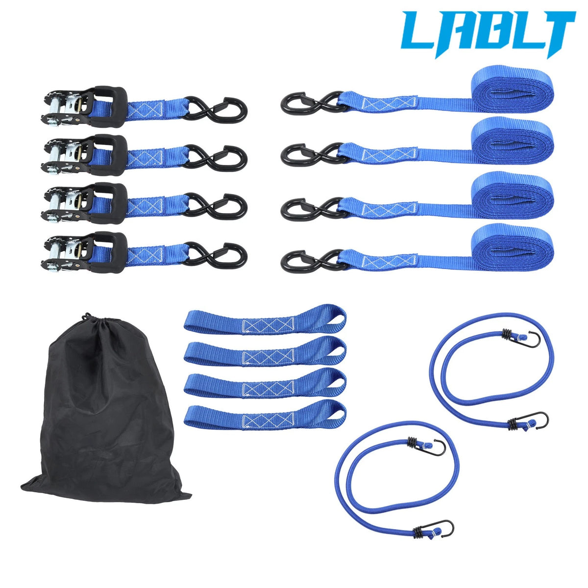 Set of 4 Ratchet Straps 1.6"×15' with S Hooks - 5208 lbs Break Strength