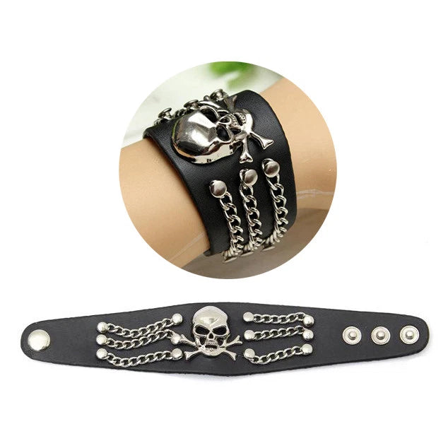 Gothic Skull Head Chain Bracelet for Universal Fit (PU Leather)