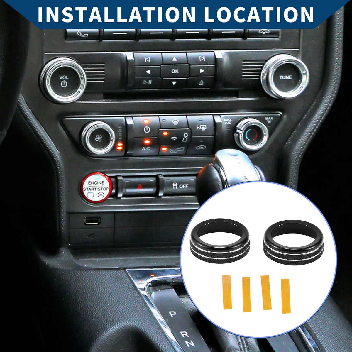 2X AC Climate Switch Knob Cover Ring for Ford Mustang (2015–2021) Black