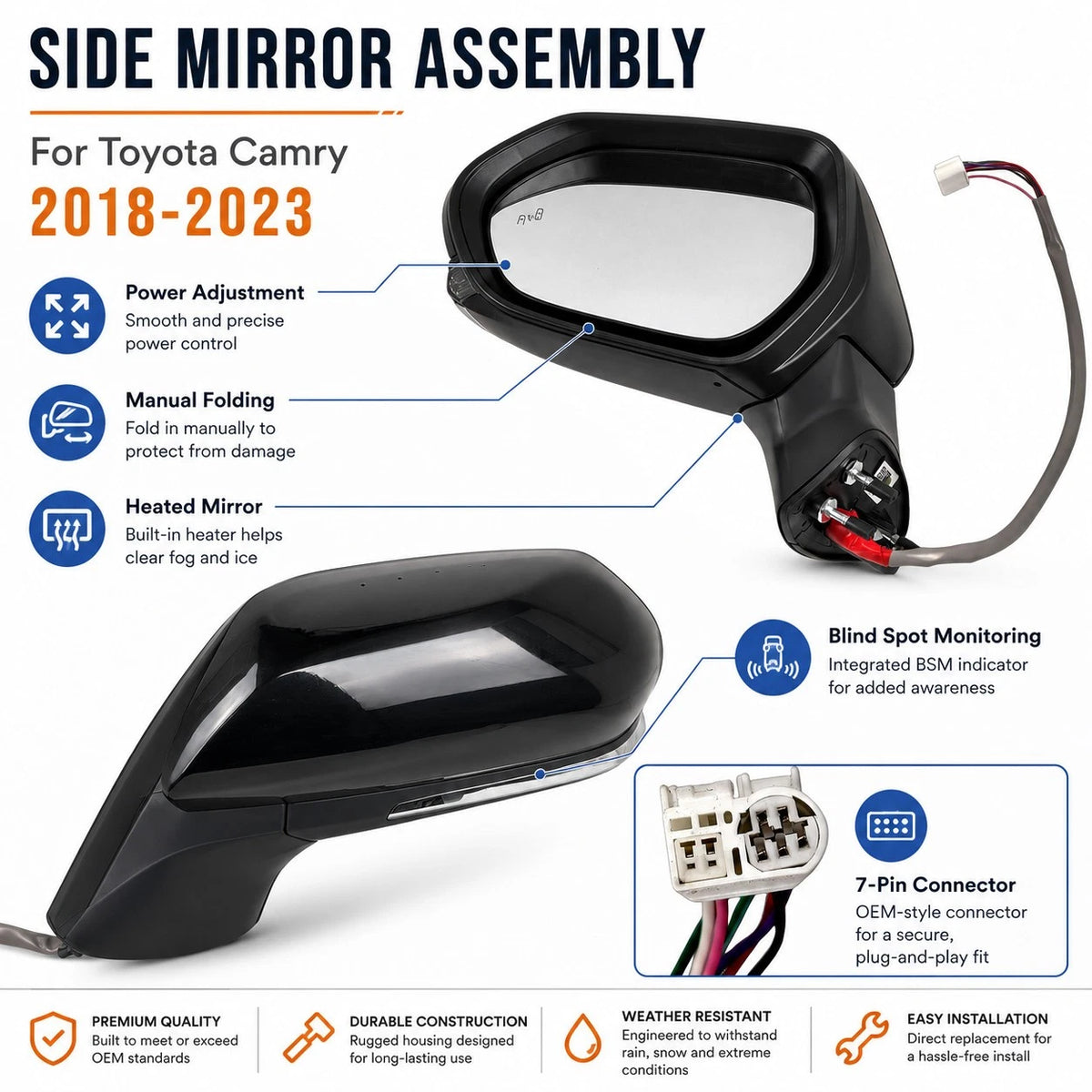 LH Side Mirror for Toyota Camry (2018–2023) Power Heated Black