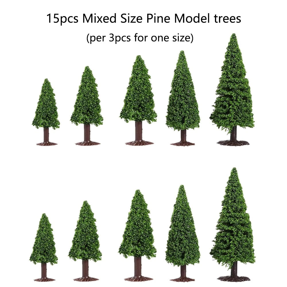 15Pcs Mixed Size Pine Trees for Train Railroad Diorama Scenery