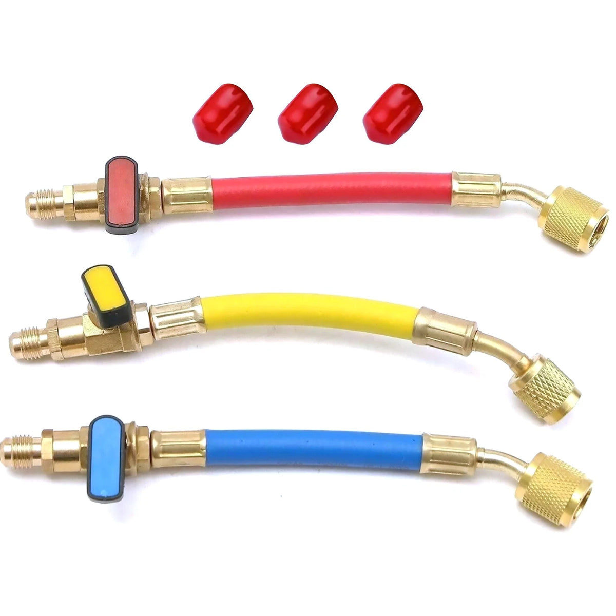 3PCS 1/4" SAE Ball Valves for R134A Refrigerants (Red/Yellow/Blue)