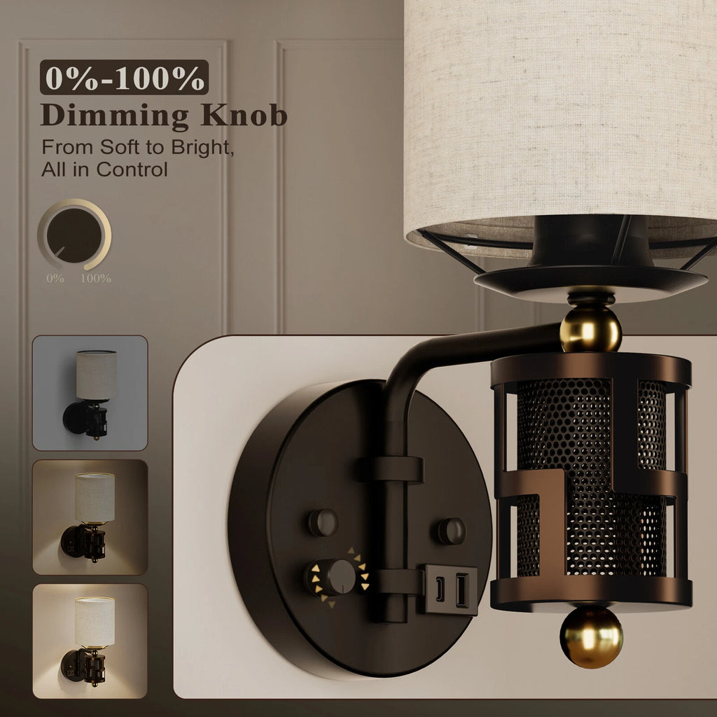 Dimmable Wall Sconce for Vintage Bedroom Fabric Shade Bronze