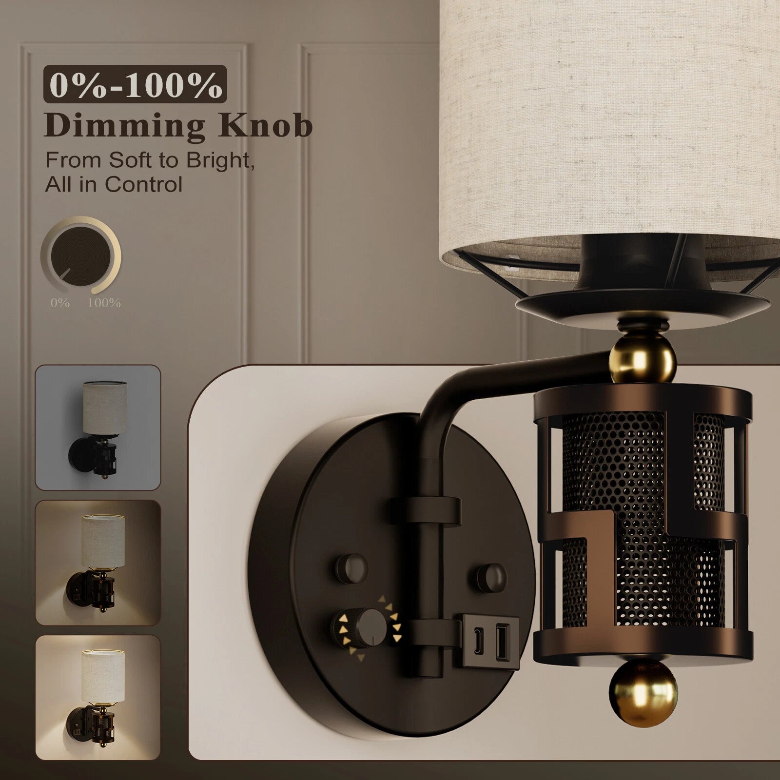 Dimmable Wall Sconce for Vintage Bedroom Fabric Shade Bronze