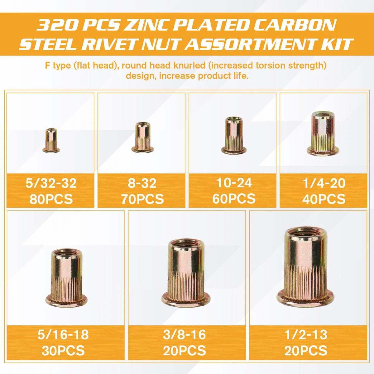 Set of 320 Mixed Rivnuts for Various Applications (M3-M12)
