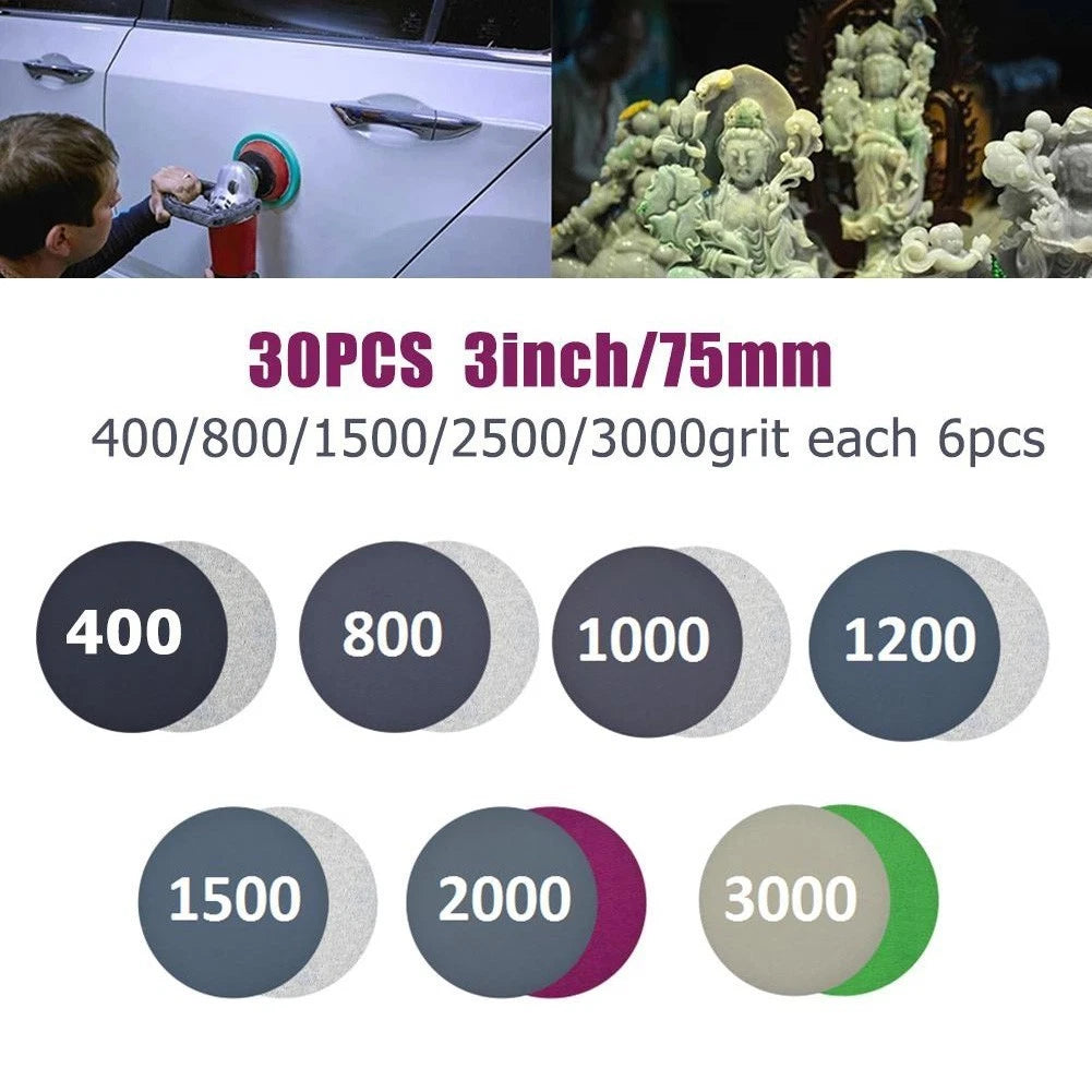 30 Sanding Discs 400-3000 Grit Abrasive Pads for Automotive Use