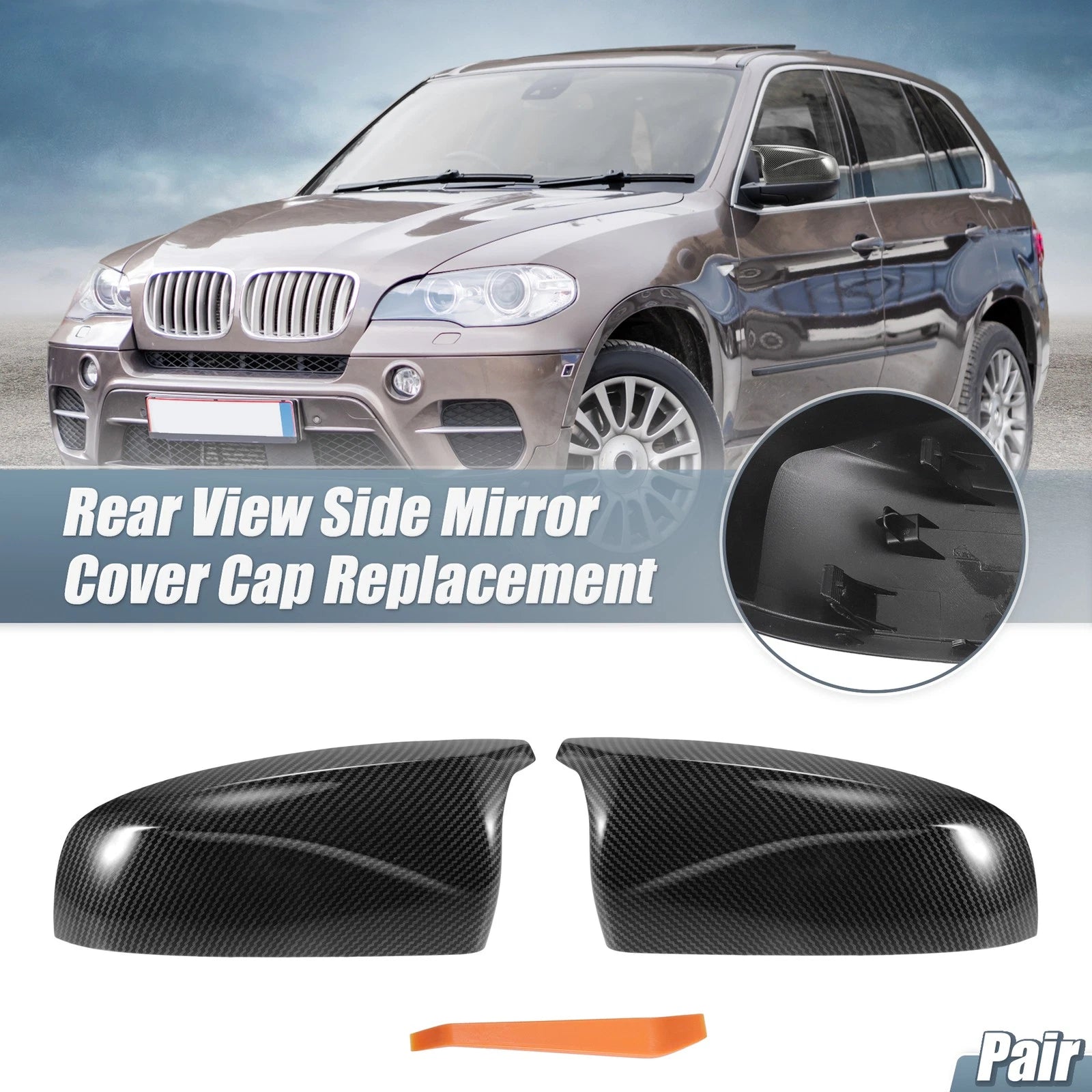 Rearview Mirror Cover Cap Carbon Fiber Pattern Replacement for BMW X5 X6 (2008–2013)