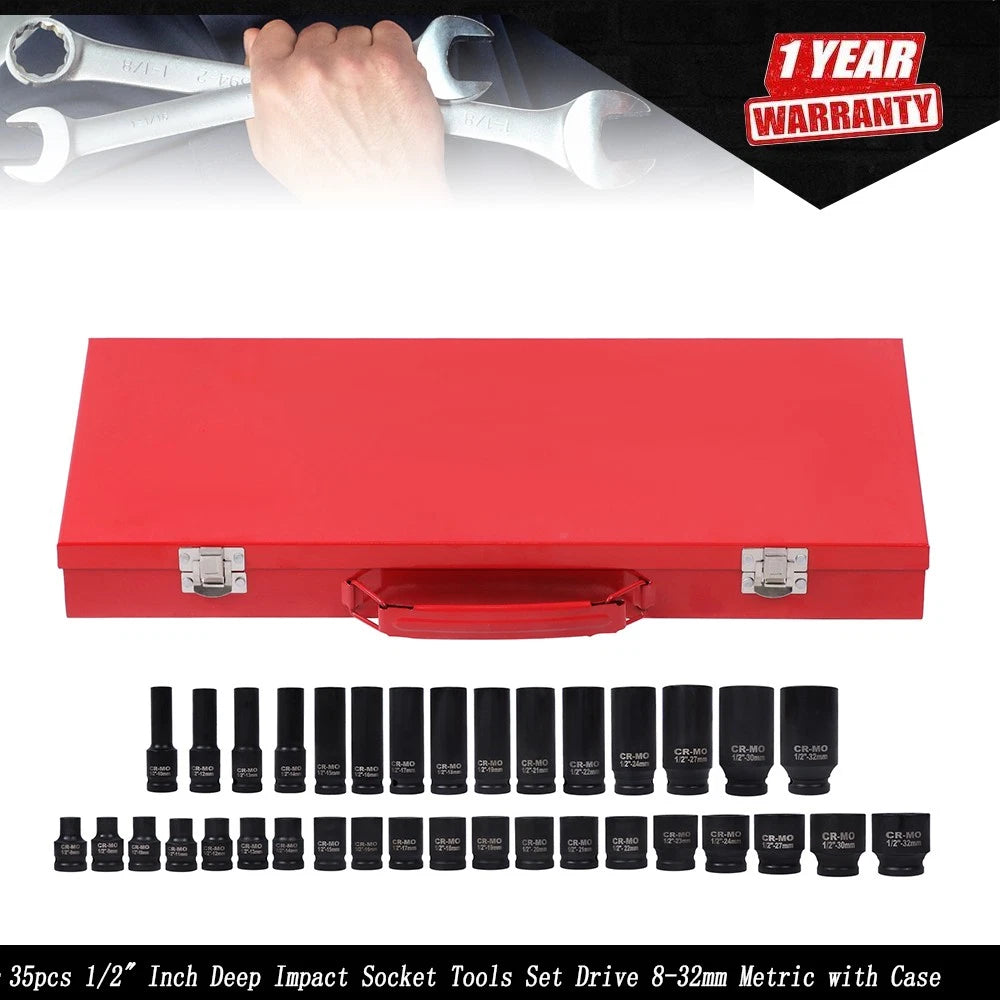 35pcs 1/2" Deep Impact Socket Set for Metric Tools (8-32mm) with Case