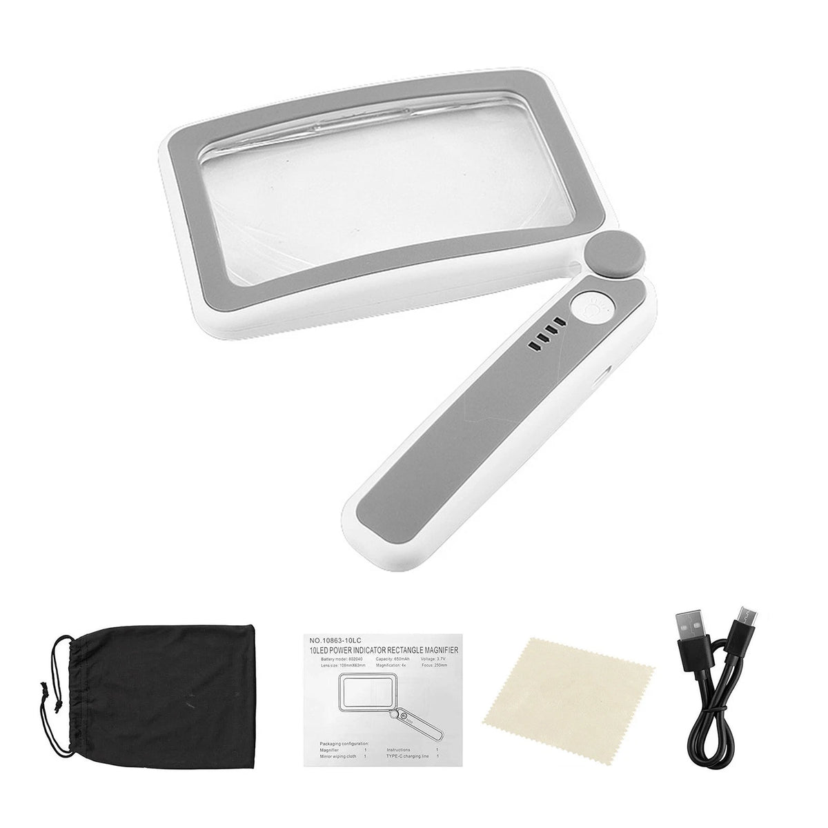 Rechargeable 4x Rectangular Magnifier with LED Light for Needlework