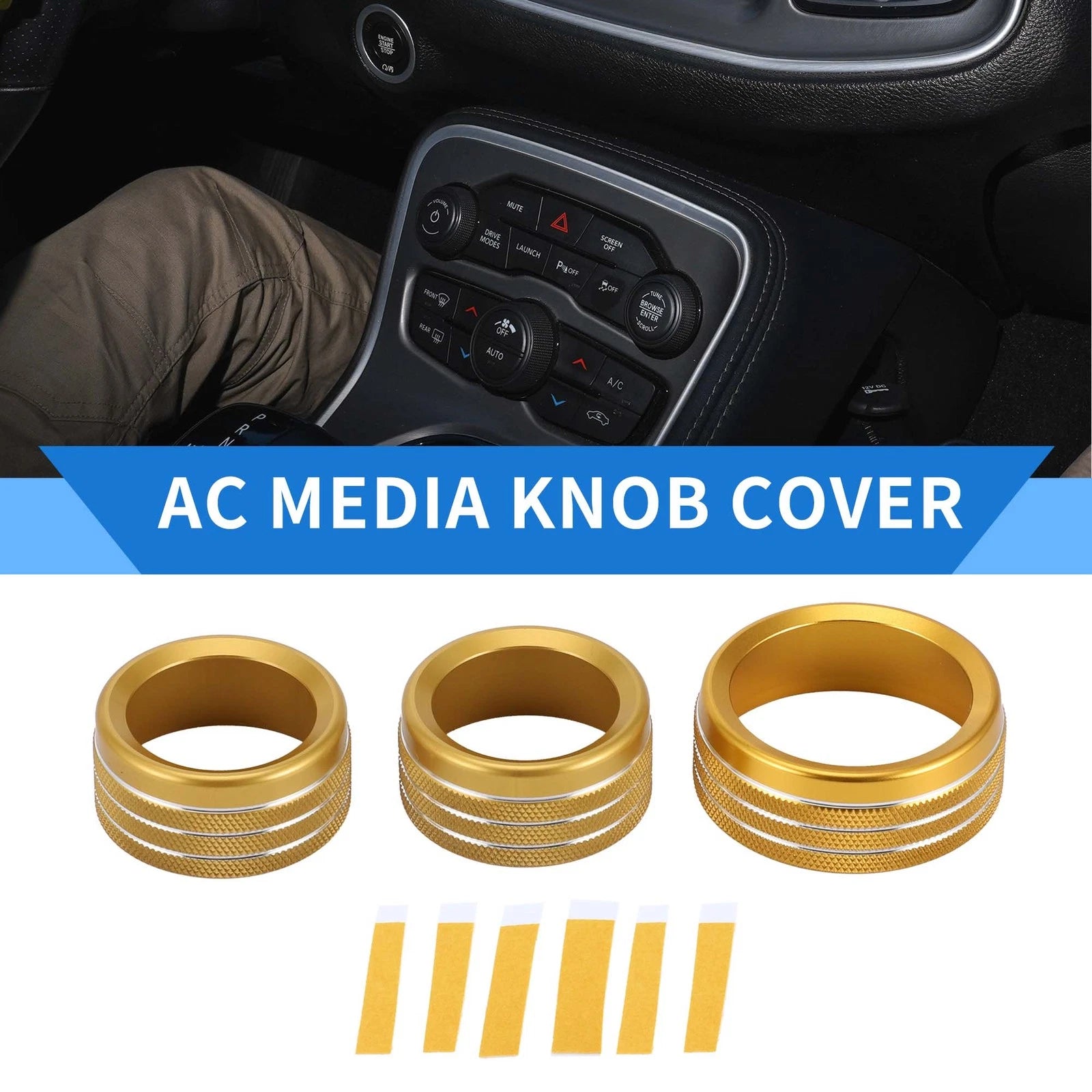 Media Tune Switch Knob Cover Ring for Dodge Challenger (2015–2019) Gold 3 Pack