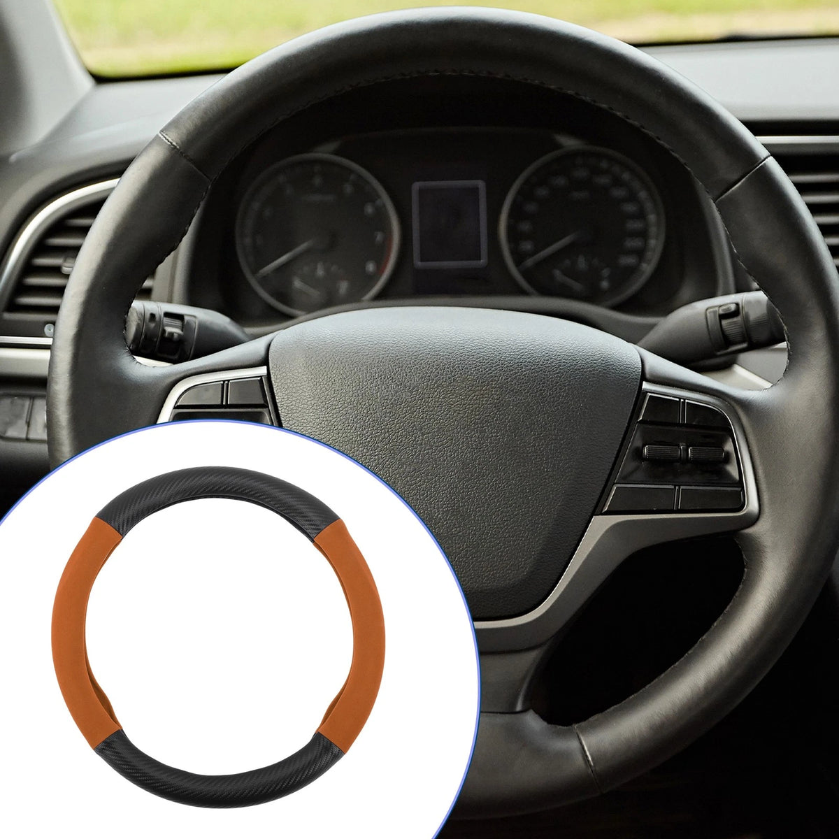 PU Leather Steering Wheel Cover for Universal Fit (14.96", Black Orange)