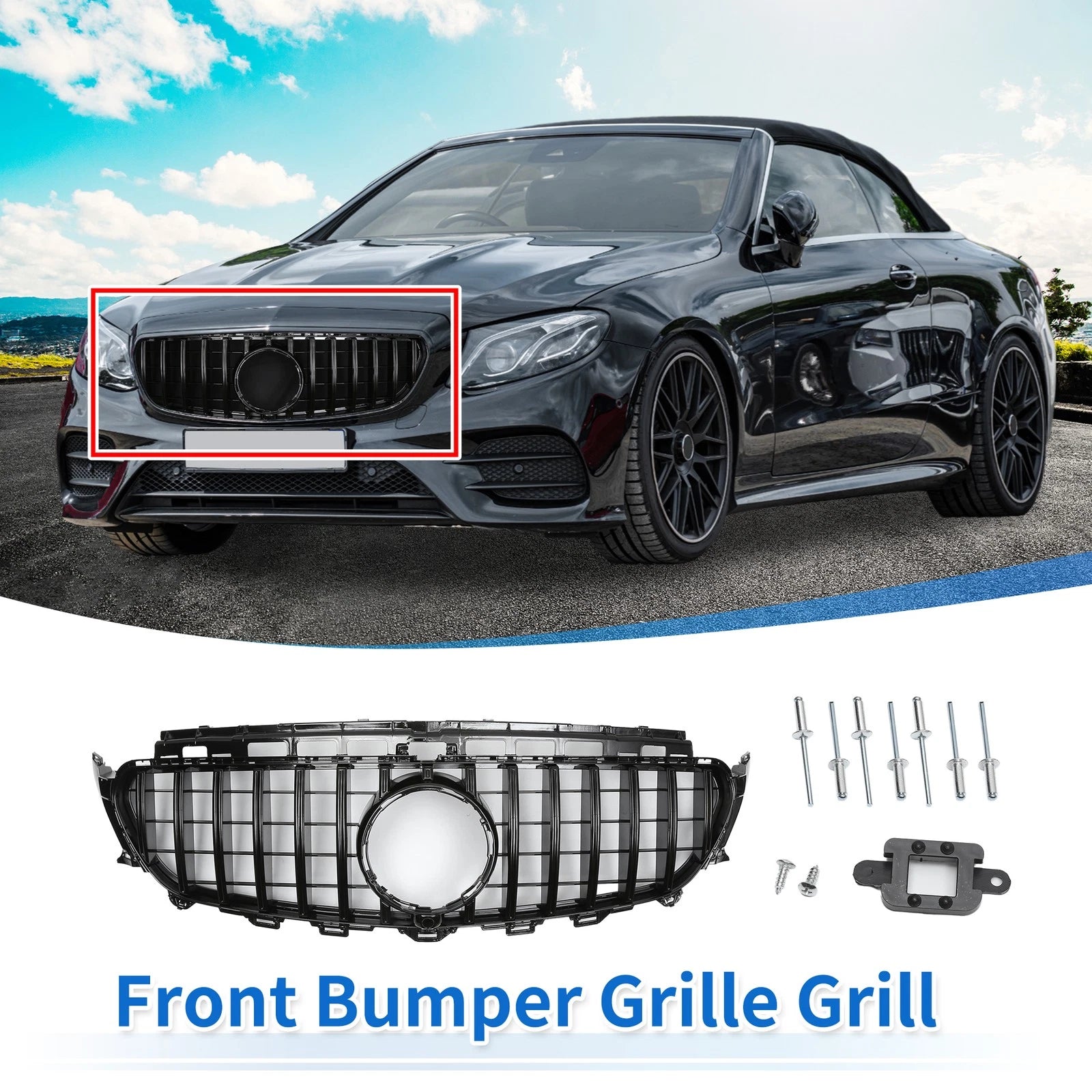 Front Upper Bumper Grille Grill for Mercedes-Benz E200 (2016–2020 Black)