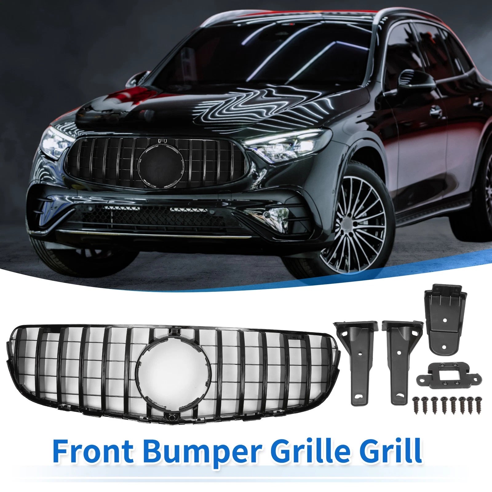 Front Upper Bumper Grille Grill Replacement for Mercedes-Benz GLC250 (2017–2018) Gloss Black