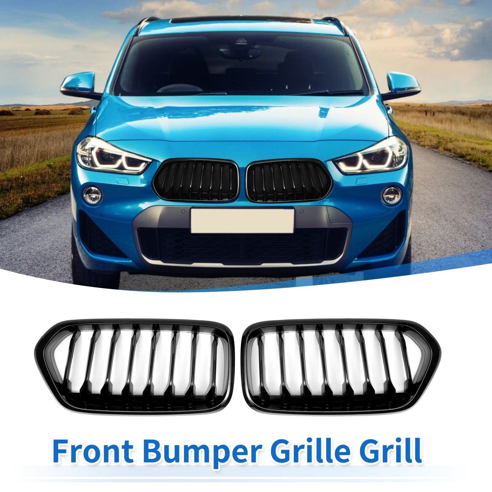 Pair Front Upper Bumper Grille Grill for BMW X2 F39 (2017–2023) Gloss Black