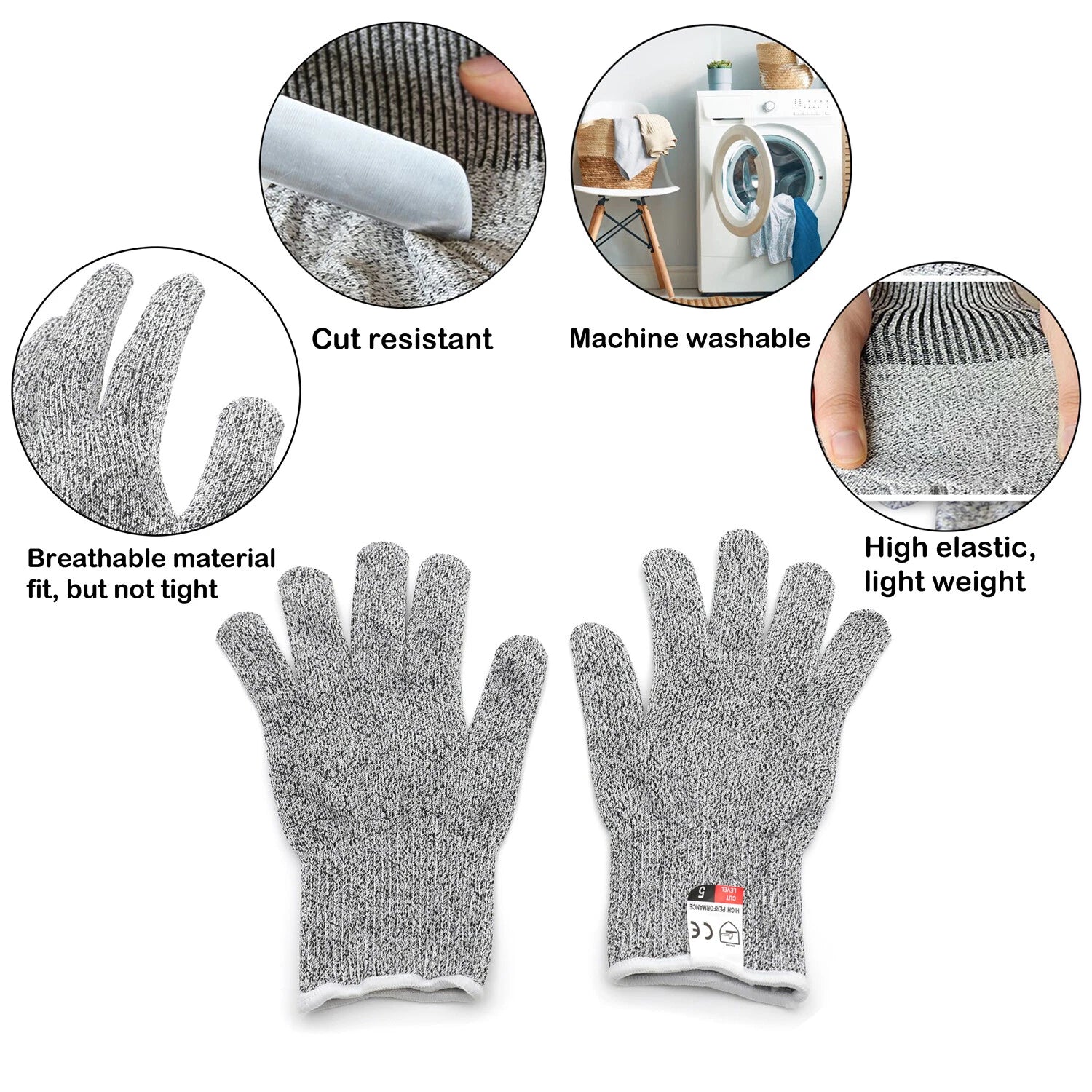 5 Pair Cut Resistant Gloves Level 5 for Kitchen Use