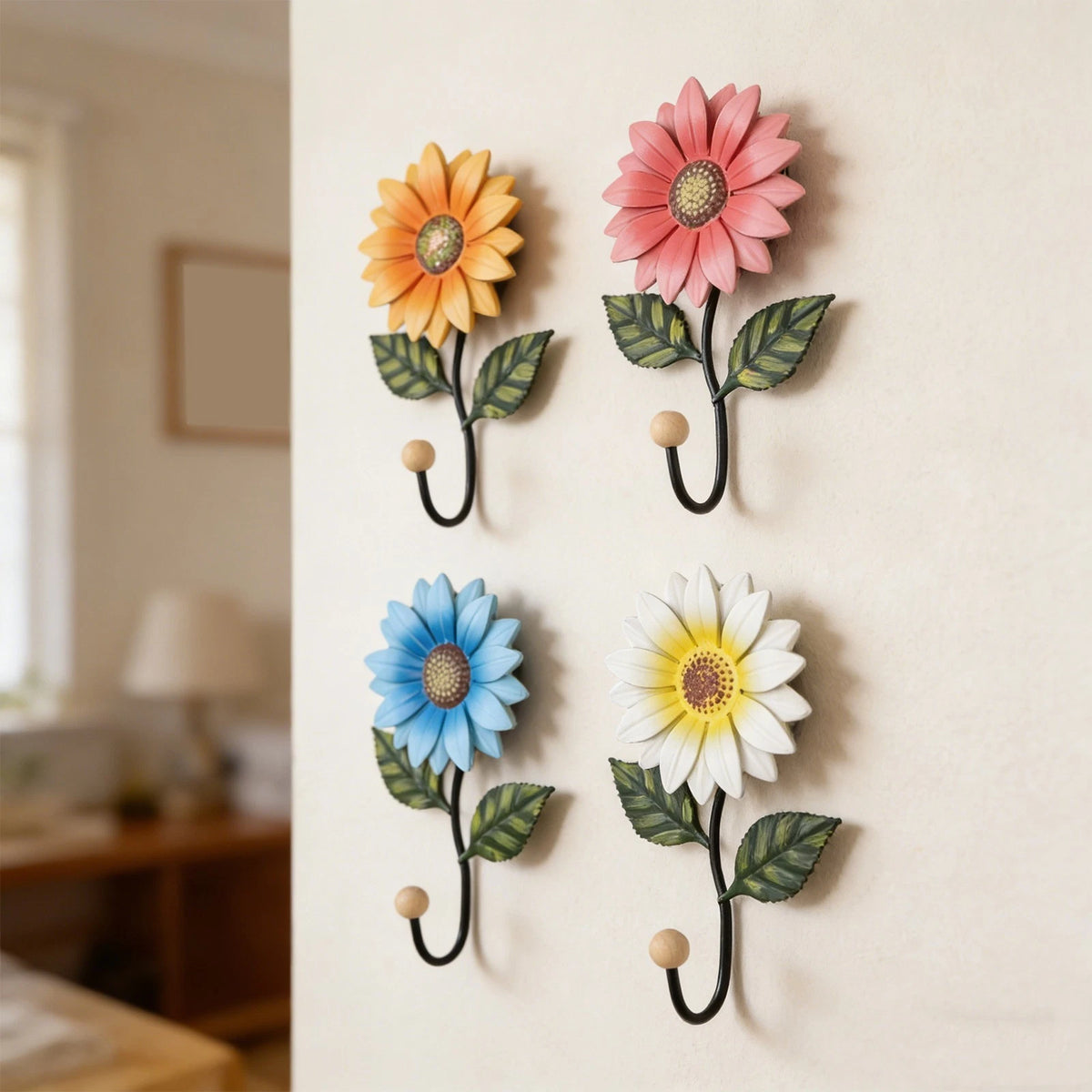 Set of 4 Metal Flower Shaped Hooks for Garden Kitchen Bathroom Storage
