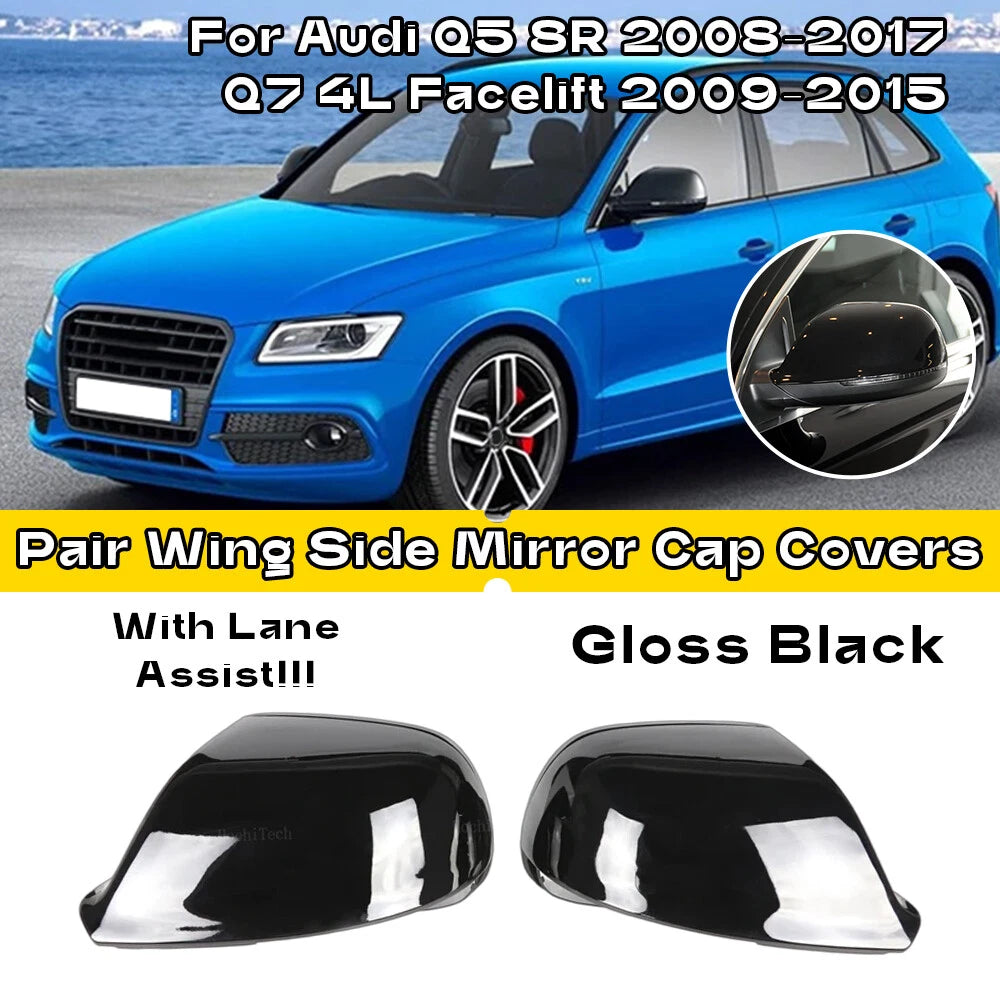 2X Gloss Black Side Mirror Cap Covers for Audi Q5 8R (2009–2017) with Lane Assist