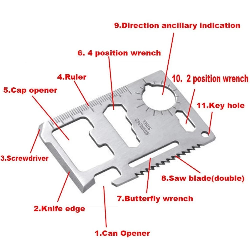 14-Function Multi Tool Card for Camping and Hiking (85x53x2mm)
