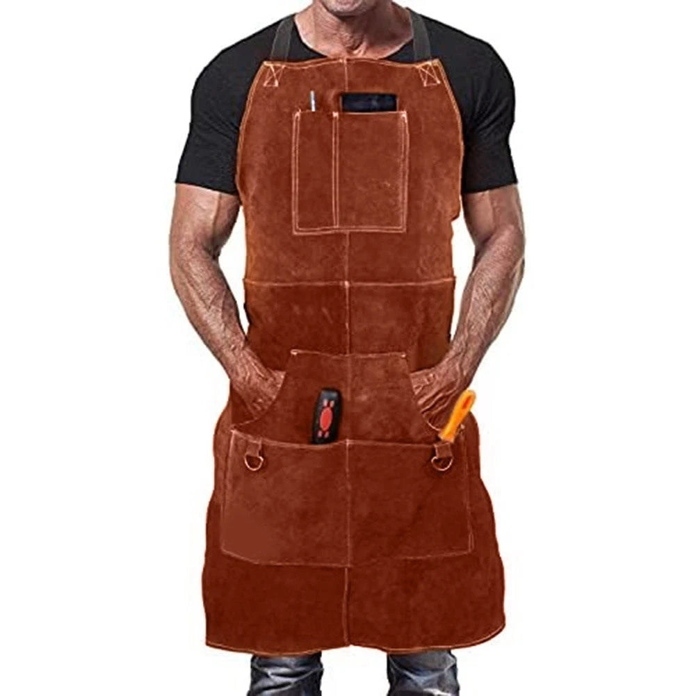 Heavy Duty Leather Welding Apron with 6 Pockets for Heat Protection