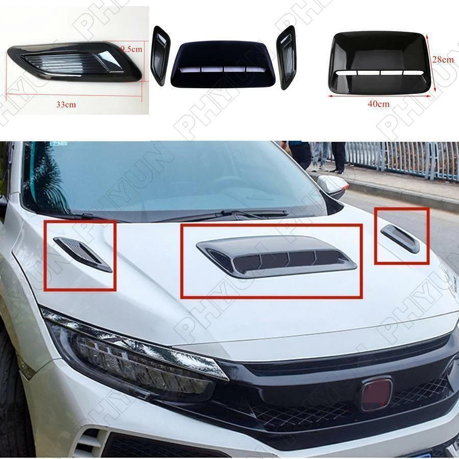 3X Gloss Black Hood Scoop Kit Air Vent Cover Trim Universal