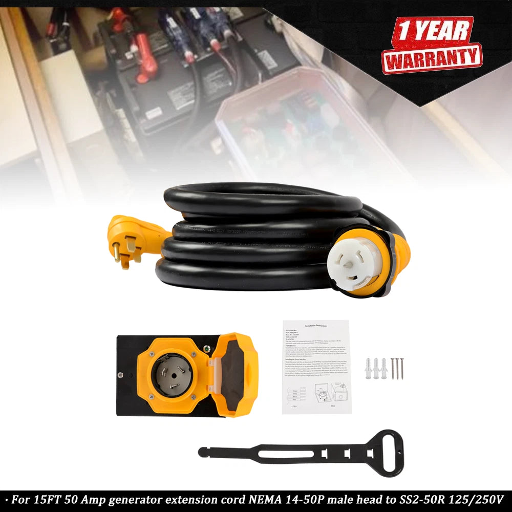 50A 15Ft Generator Power Extension Cord NEMA 14-50P/SS2-50R