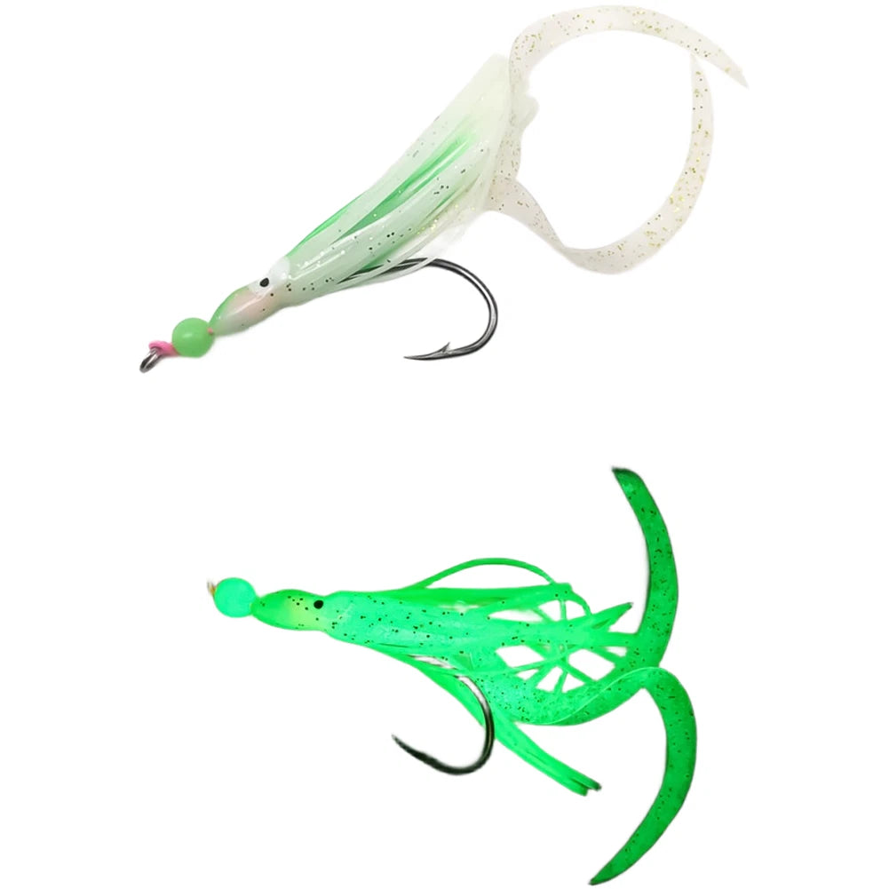 Glow in Dark Squid Hook with Offset Hook Point Barb and Silicone Tail