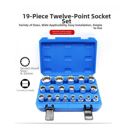 19-Pc 1/2 Inch Drive 12 Point Socket Set Chrome Vanadium Steel 8mm-32mm
